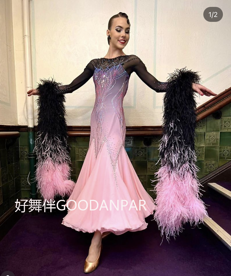 鸵鸟毛袖飘定制摩登比赛服华尔兹演出大摆连衣裙摩登舞蹈服珍珠丝