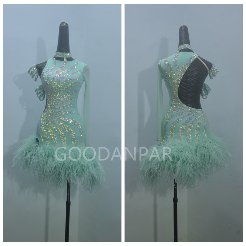 定制牛仔伦巴舞蹈7891011121314岁青少儿拉丁舞演出苹果绿鸵鸟毛