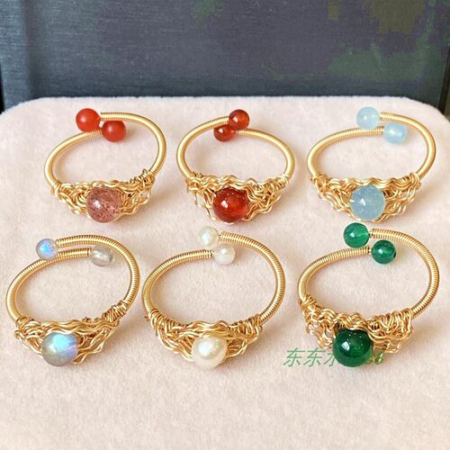 14k包金淡水珍珠海蓝宝红绿玛瑙拉长石月光石草莓晶戒指指环手饰