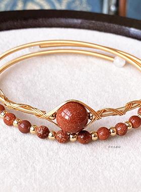 14k包金绕线手镯 金砂 红金砂石 双层圆珠手饰手链手镯