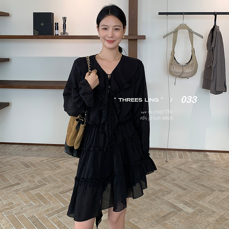 THREES LING ® 033 秋季新款天丝绑带V领荷叶领长袖连衣裙#D065