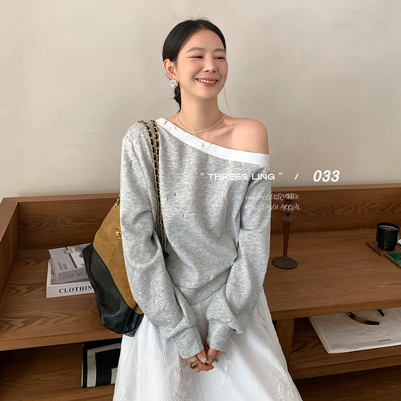 THREES LING ®033秋季新款斜肩长袖卫衣设计感百搭上衣#Q028