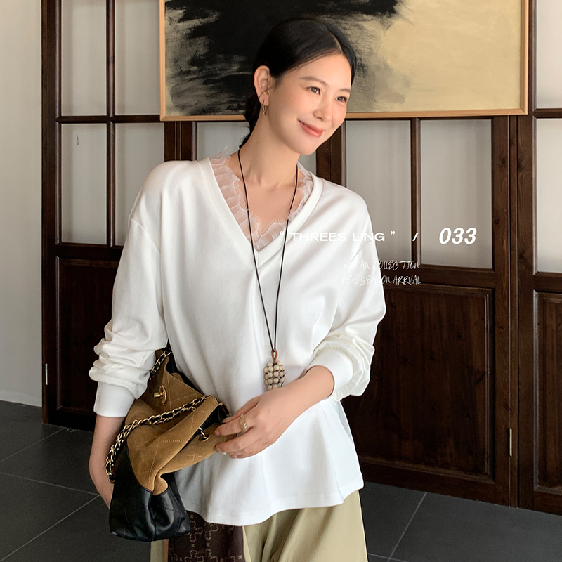 THREES LING ® 033 秋季新款百搭V领网纱拼接长袖卫衣#Q042