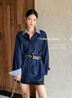 THREES LING ® 033 秋季新款简约蓝色格子翻领衬衣配腰带#Q006