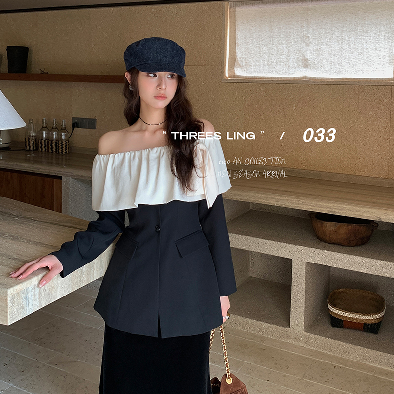 THREES LING ® 033 秋季新款拼接荷叶边西装一字肩上衣#D185
