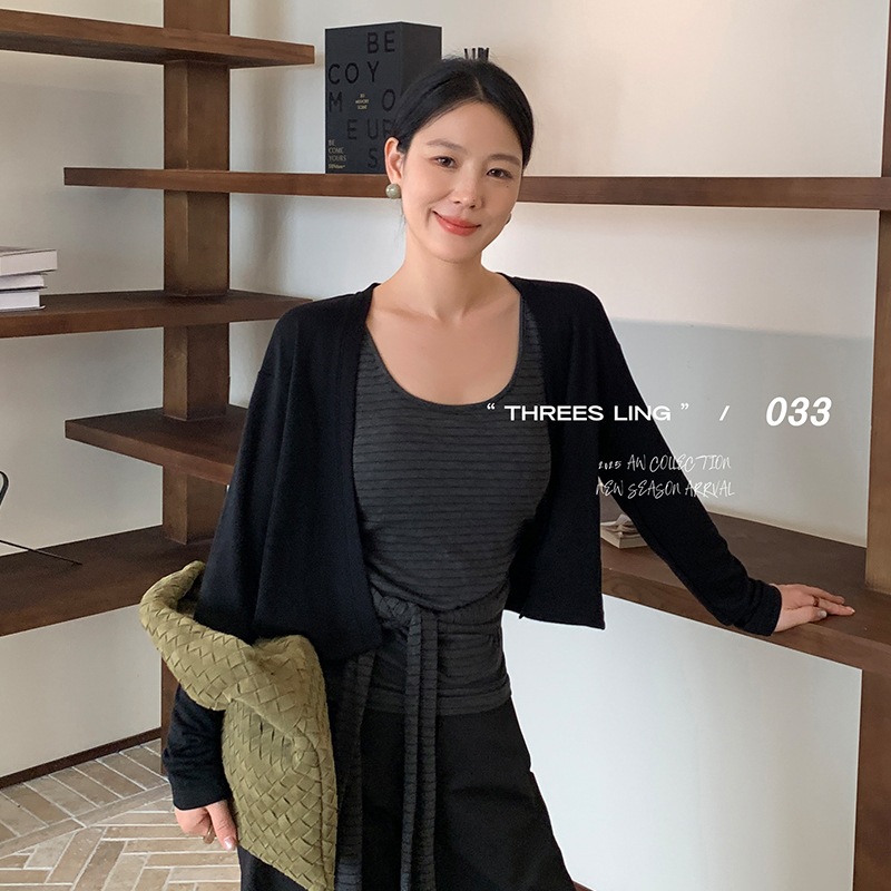 THREES LING ® 033 秋季新款简约百搭天丝羊毛纯色长袖开衫#Q005