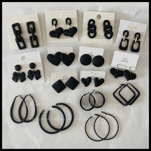 欧美暗黑风黑色系桃心大圆圈夸张耳饰耳环个性 磨砂气质方形耳钉