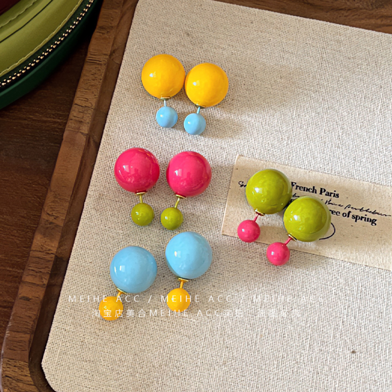 奶油糖果~春夏新款韩版多巴胺豆豆多种戴法耳钉大小圆球耳环饰品