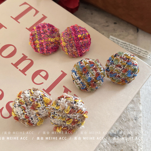 小香风毛线编织圆形纽扣耳钉高级感耳环 法式 软糯冬日 适合冬天