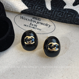 精致老钱风 铜镀椭圆滴油耳钉黑色气质小香风耳环女 高级轻奢法式