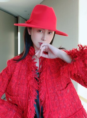 TRACYCHU春秋正红色羊毛毡时尚气质韩版通用百搭街头逛街圆顶礼帽