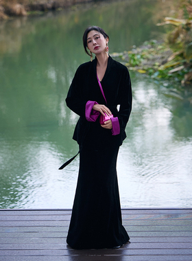 TRACYCHU黑色混蚕丝丝绒拼玫粉蚕丝时髦新中式半裙