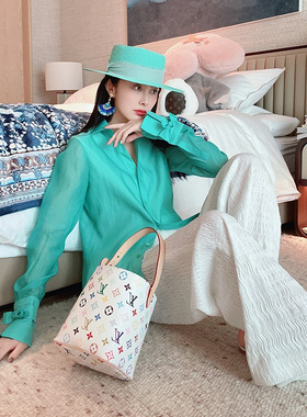 TRACYCHU欧若风新品日本小千谷缩冰绿色富家千金艺术袖款双层衬衫