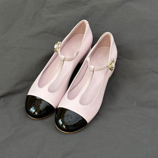 TRACYCHU全羊皮芍药粉拼色娃娃玛丽珍时尚 休闲百搭舒适型春夏新款