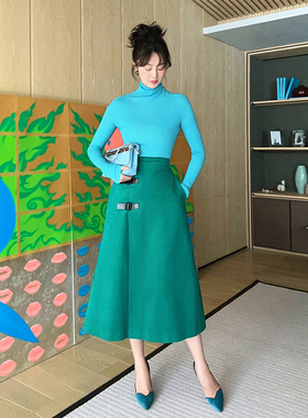 TRACY CHU 孔雀绿超细条绒复古高腰迷笛长半裙