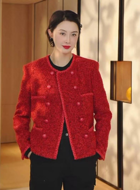 TRACY CHU 秋冬新品橙红色经典网红四口袋小香风时尚气质洋气外套