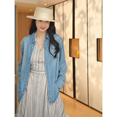 秋冬新款 款 百搭舒适千金洋气长袖 TRACYCHU水洗天蓝色闪钻牛仔衬衫