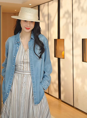 TRACYCHU水洗天蓝色闪钻牛仔衬衫百搭舒适千金洋气长袖款秋冬新款