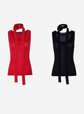 TRACY CHU欧若风黑色/红色精纺超细羊毛花朵领项链两件套百搭背心