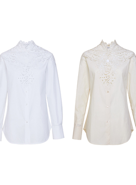 TRACY CHU高定如云似雾系列白色/米色一体式镂空立体花朵艺术衬衫