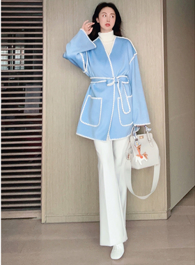 TRACY CHU baby cashmere 蓝色中长贝壳边大衣