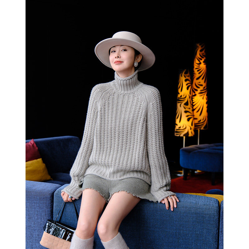TRACY CHU 新品LP原绒艺术针织法式粗辫时装套头山羊绒针织衫灰色