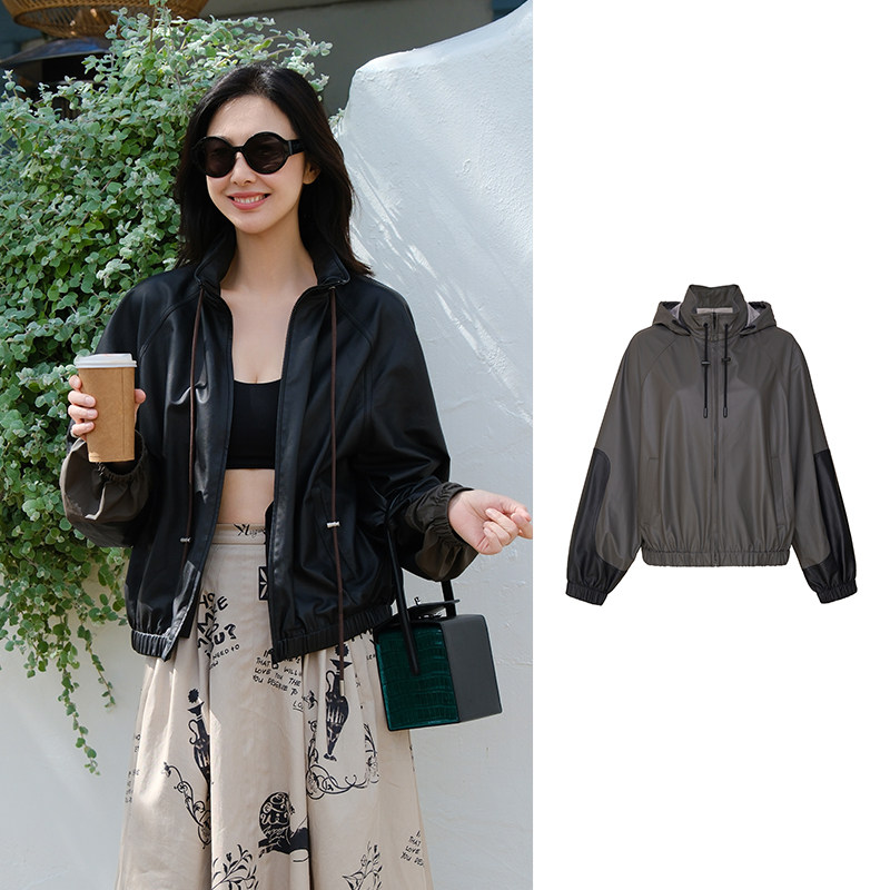 TRACY CHU新科技超薄纸皮羊皮零压感超轻连帽皮衣黑色，灰绿色春