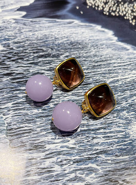 TRACYCHU 铜合金玻璃耳饰彩色饰品百搭紫色手工气质琉璃耳夹耳环