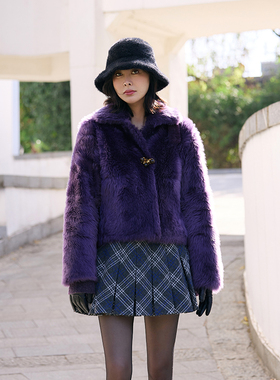TRACYCHU耀紫色南法限量拉贡艺术皮草大衣贵气优雅百搭款冬季新款