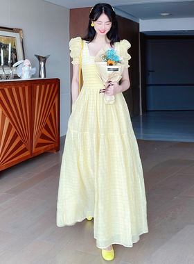 TRACY CHU 鹅黄色小千谷缩丝棉连衣裙