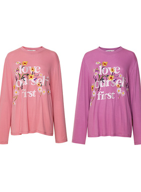 TRACYCHU混亚麻重工刺绣浪漫狂想曲桃粉/紫色长袖T恤百搭秋冬新品