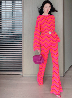 TRACY CHU 粉紫色LP山羊绒艺术钩花阔腿裤