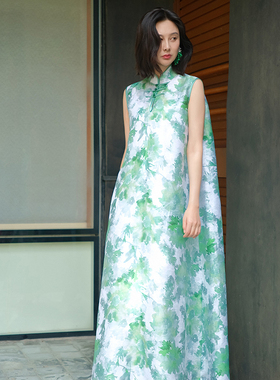 TRACYCHU【现货】薄荷曼波玉绿色禅意一字宝石豆扣新中式小众连衣