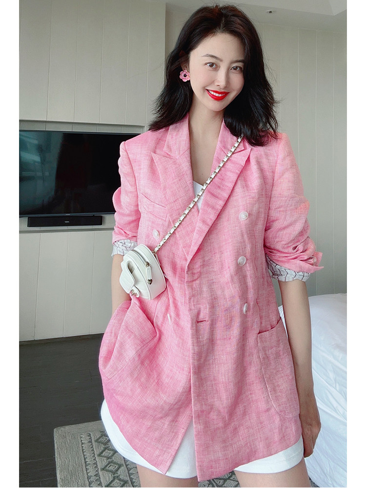 tracy chu 粉色亚麻立裁休闲西装