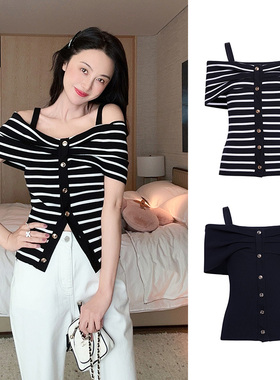 TRACY CHU超美女神风落肩显瘦混蚕丝背心条纹/黑色千金清冷感贵系