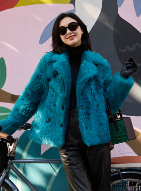 TRACYCHU意大利托卡稀有海蓝色皮草大衣百搭时尚优雅气质冬季新款