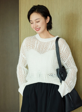 TRACYCHU欧若风驼毛拼羊毛混合织物超模镂空高针织卫衣千金清冷感
