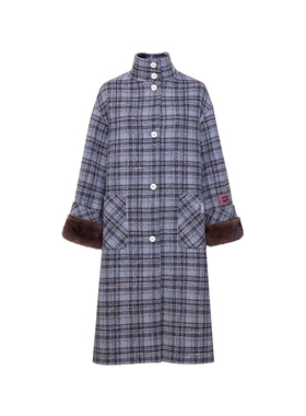 tracychu灰色格纹可拆卸毛袖口大衣气质百搭洋气长款气质冬季新款