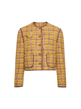 TRACYCHU重工黄色粗花呢山茶花一体经典二口袋外套气质款冬季新款