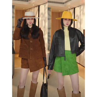 裙千金度假款 TRACY 短裤 棕色翻毛羊皮百搭气质复古时尚 CHU果绿色