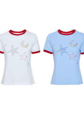 TRACY CHU 白色/雾霾蓝色舒爽麻棉刺绣童话t恤休闲慵懒千金松弛感