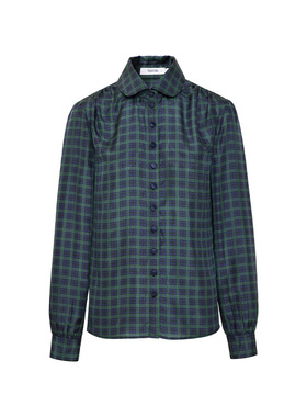 TRACYCHU英伦贵族风墨绿色暗格子苹果领真丝衬衫摆脱路人感冬季款