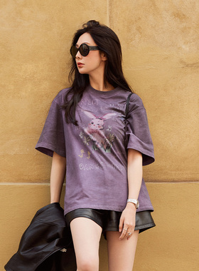 TRACY CHU翠西私人爱物小兔子紫色涂鸦t恤休闲慵懒松弛感琥珀流光
