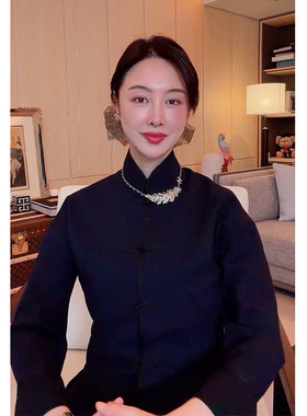 TRACYCHU藏青色混羊毛极简新中式百搭薄外套时尚气质优雅冬季新款