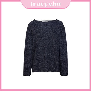 tracy chu碳黑色OVERSIZE大圆领宽松T恤气质针织时尚百搭春夏新款