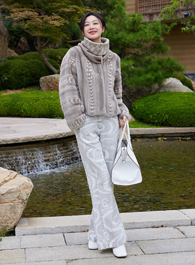 TRACYCHU中秋福利灰色印花牛仔裤气质百搭款老钱风松弛感冬季新款