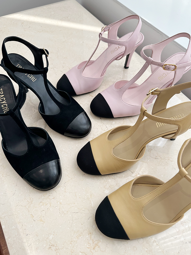 小羊皮玛丽珍复古细跟高跟鞋