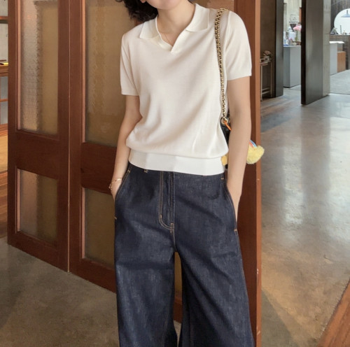 Polo领高知穿搭针织短袖T恤女