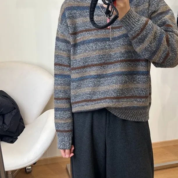 【王小姐】复古撞色条纹 “花纱”软糯厚实 针织衫女 套头毛衣