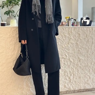 【王小姐】双面中长款“对白”羊毛大衣女冬季高级感毛呢黑外套